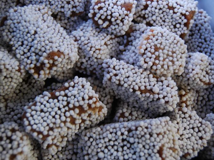 Cubes of bal mithai, dark brown khoya fudge coated in white sugar balls